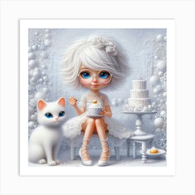 Little Girl With Cake And Cat Art Print