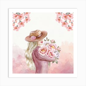 Watercolor Girl With Flowers Art Print