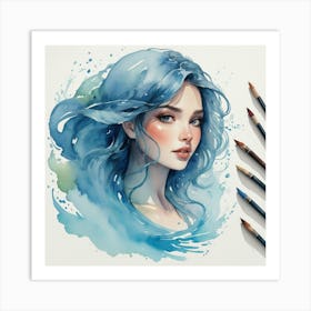 Watercolor Of A Girl With Blue Hair Art Print