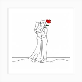 Couple Kissing With Red Rose Art Print