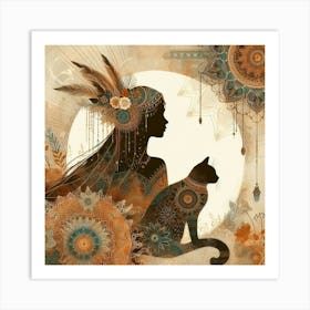 Boho art Silhouette of woman with cat Art Print