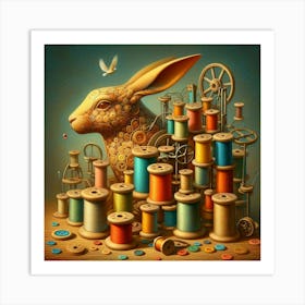 Rabbit and spools of thread 2 Art Print