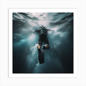 Scuba Diver Underwater - Into the Water: A diver plunging into the ocean, with the water splashing all around them. The scene is captured from the diver's point of view, giving the viewer a sense of exhilaration and adventure. Art Print
