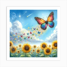 Butterfly Flying Over Sunflowers 1 Art Print