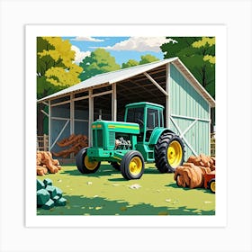 Green Tractor By Shed Cubism Style Art Print