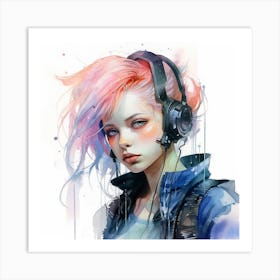 Cyborg Girl Watercolour & Ink Painting Art Print