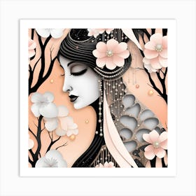 Chinese Woman With Flowers Japanese Textured Monohromatic Art Print