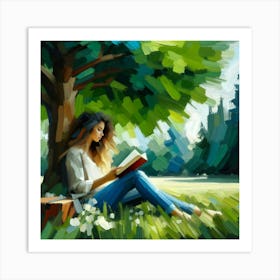 Girl Reading A Book, Acrylic Painting Style 1 Art Print