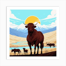 Bulls In The Mountains 4 Art Print