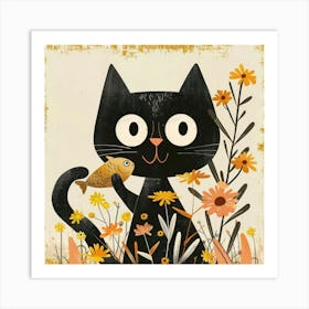 Black Cat With Fish 3 Art Print