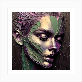 Woman's Face In An Abstract - An Embossed Artwork In Pale Green And Deep Purple With Metal Effect. Art Print