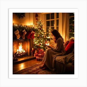 A Cozy Winter Evening By A Roaring Fireplace An Ornately Decorated Christmas Tree Situated In The C 2 1 Art Print