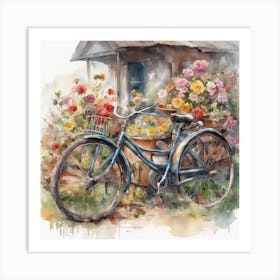 A Watercolor Detailed Painting Of Junk Yard Featuring A Vintage Bicycle Beautiful Colourful Flowers Art Print