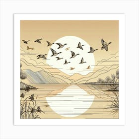 Line Art flock of ducks 1 Art Print