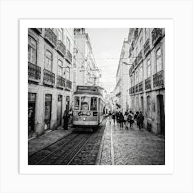 Black And White Photo Lisbons Vintage Tramway Weaving Through Narrow Historic City Streets Tram D (3) Art Print