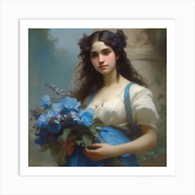 Girl With Blue Flowers Art Print