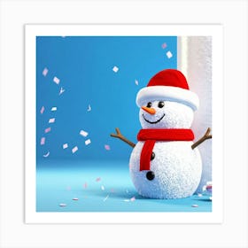 Snowman Wearing Red Scarf And Hat Adorned With Silver Glittery Sequins Peeking From Right Side Of W Art Print