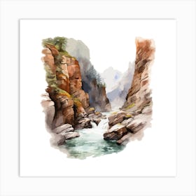 Watercolor Waterfall In The Mountains Art Print