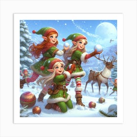 Christmas Elves in winter landscape Art Print