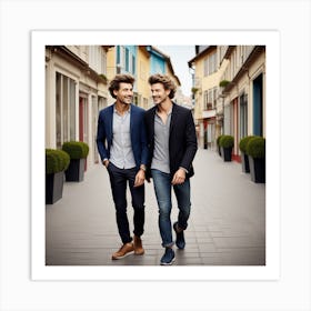 Two Men Walking Down A Street Art Print