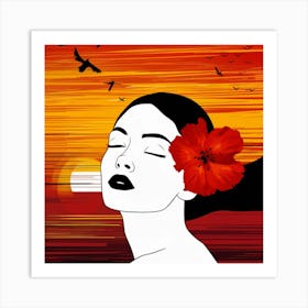 Sunset Woman With Red Flower Art Print