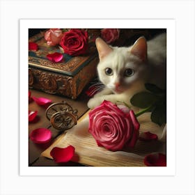 Cat and Flowers Art Print