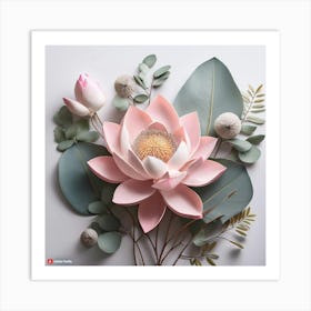 Firefly A Combination Of Lotus Flowers And Eucalyptus Leaves In Pale Pink And Gray, Spaced Out With (2) Art Print