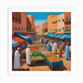 In Style of David Hockney. Outdoor Market in Marrakech Series. Art Print