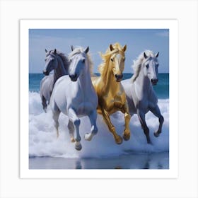 Golden and White Horses On The Beach Art Print