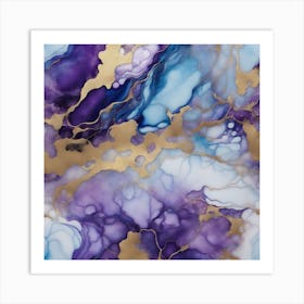 Luxury abstract fluid art painting in alcohol ink technique, mixture of blue and purple paints. Imitation of marble stone cut, glowing golden veins. Tender and dreamy design. Art Print