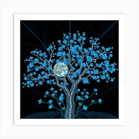 Blue Tree With Flowers Art Print