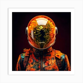 Firefly Striking Portrait, Futuristic Helmet, Glowing Plant, Vibrant, Bright Orange, Dark Background (10) Art Print