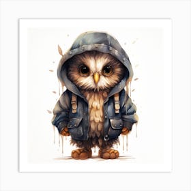 Watercolour Cartoon Owl In A Hoodie Art Print