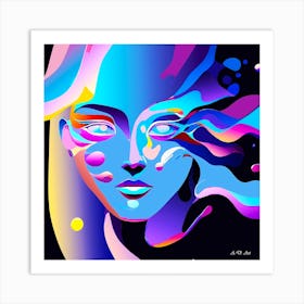 Holographic Fantasy Women Color Portrait With Waves And Bubbles Art Print