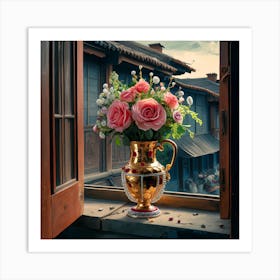 Roses On A Window Sill 3 Art Print