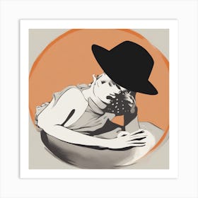 A Silhouette Of A Man Wearing A Black Hat And Laying On Her Back On A Orange Screen, In The Style Of (3) Art Print