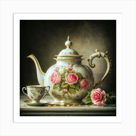 A very finely detailed Victorian style teapot with flowers, plants and roses in the center with a tea cup 7 Art Print