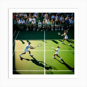 Tennis Match Underway Sunlight Casting Dynamic Shadows On The Green Court Players Poised Mid Swing (1) 2 Art Print