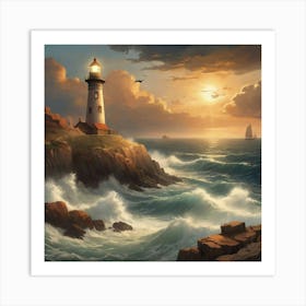 Albedobase Xl Majestic Lighthouse On Rocky Cliff Crashing Wave 0 Art Print