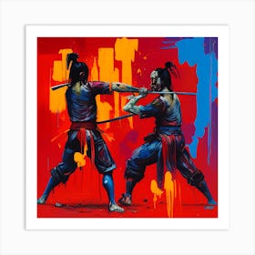 Style Samurai Fighting One Another Bloodied And Bruised Art Print