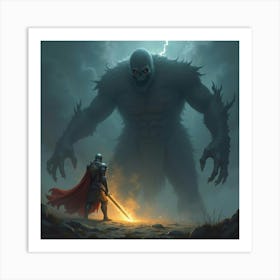 A Knight In Glowing Armor Battling A Giant, Shadowy Figure 1 Art Print