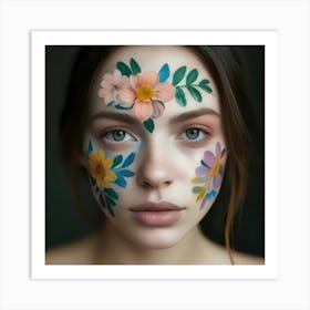 Beautiful Woman With Flowers On Her Face 3 Art Print