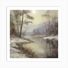 Ancient landscapes, old winter oil paintings and rocks around the lake bank. Snow is falling on the lake, old colors.5 Art Print