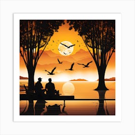 Silhouette Of Couple At Sunset Art Print