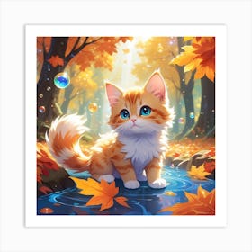 Cute Kitten In Autumn Leaves Art Print