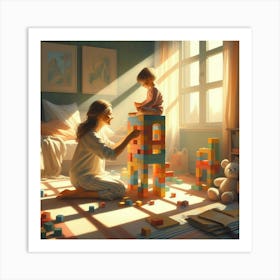 Mother And Child Playing With Blocks Art Print