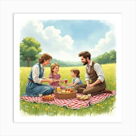 A Traditional English Family Picnic In A Country Meadow, Watercolor Effect 1 Art Print