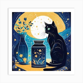 starry night Cat In The Moonlight with vase Art Print