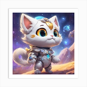 A Super Cute Chibi Zodiac Cat, In The Universe, With Snowwhite Shiny Fur, Happy Smile, Happy Smile, (1) 1 Art Print