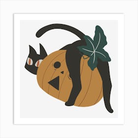 Curious Black Cat And Pumpkin Art Print